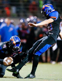 Kevin Robledo from Westlake of Westlake Village boots one during game earlier this season. Photo: WestlakeHighSchoolFootball.com.