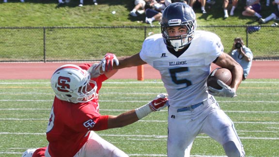 Bellarmine's Kyle MacAuley had a strong game either running the ball or catching passes during his unbeaten team's 31-28 win over St. Ignatius. Photo: Willie Eashman.