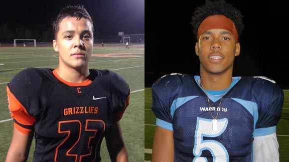 Two outstanding juniors from two of the top teams in the Bay Area are running back Justin Locklear from California of San Ramon and wide receiver Collin Johnson from Valley Christian of San Jose. Photos: Paul Muyskens & Mark Tennis.