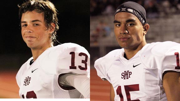 Sacred Heart Prep quarterback Nick O'Donnell (left) and running back Lepitu Mahoni helped the Gators top Terra Nova last Friday night in Pacifica. Photos: Willie Eashman.