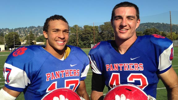 Two defensive standouts for unbeaten St. Mary's of Berkeley have been senior defensive back Ron Smith (left) and senior defensive end Ben Schrider. Photo: Harold Abend.