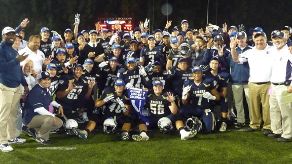 Players from Central Catholic of Modesto signify third straight CIF Sac-Joaquin Section Division IV title after win Friday over Sonora. The Raiders will now look to win third straight title in CIF Division IV state bowl game.