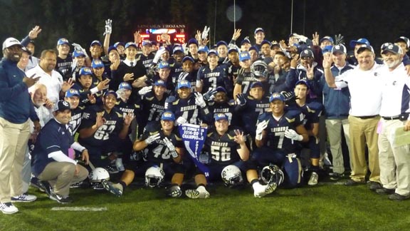 Players from Central Catholic of Modesto signify third straight CIF Sac-Joaquin Section Division IV title after win Friday over Sonora. The Raiders will now look to win third straight title in CIF Division IV state bowl game. 