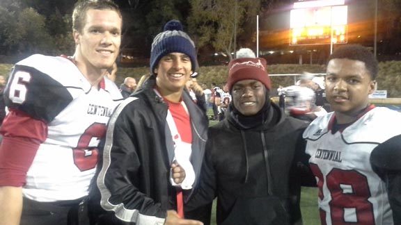 Nate Ketteringham, Greyson Bankhead, J.J. Taylor and Sammonte Bonner congratulate each other after Corona Centennial's win over Mater Dei in the CIFSS Pac-5 quarterfinals. Bankhead was injured in the game while Taylor didn't play due to an appendectomy. Photo: Ronnie Flores.