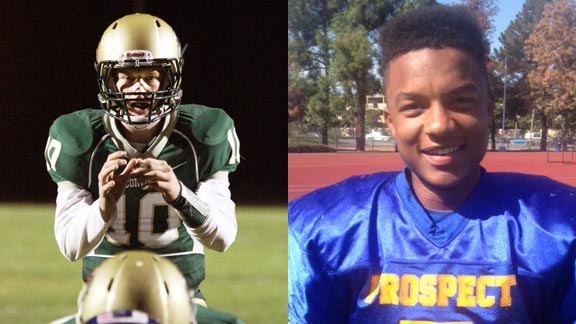 Mitch Daniels of Concord (left) has just been added to the Cal-Hi Sports on-line state record book for a 16-for-16 passing effort in game from this week. Tarnell Pollard (right) from Prospect of Saratoga had 355-yard receiving game earlier this season. Photo: Willie Eashman & Courtesy school.