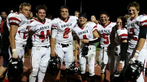 Players from last year's team at Grace Brethren of Simi Valley smile after finishing up 10-0 regular season. Photo: @jameson_25/Twitter.com.