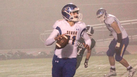 It was a foggy night in Pacifica where bubble team Serra of San Mateo and QB Hunter Bishop defeated Sacred Heart Cathedral of San Francisco 35-15. Photo: Willie Eashman.