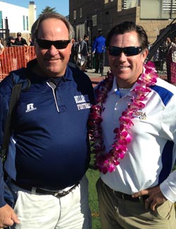 Bellarmine head coach Mike Janda (left) greets Serra's Patrick Walsh on Saturday at Serra in WCAL finale. Photo: Harold Abend.