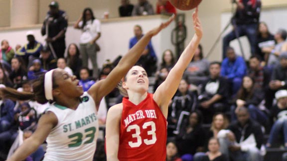 Mater Dei's Katie Lou Samuelson goes for a lay-up just in front of Angel Johnson from St. Mary's of Stockton in last year's West Coast Jamboree. Photo: Willie Eashman.