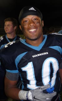 Valley Christian RB Kirk Johnson was all smiles after strong outing against Bellarmine. Photo: Mark Tennis.