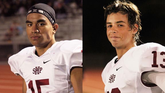 Two top juniors from CCS Open Division No. 1 seed Sacred Heart Prep are Lapitu Mahoni (RB/LB) and Nick O'Donnell (WR/DB). Gators face Oak Grove in first round. Photos: Willie Eashman.