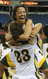 Returning Division V State Player of the Year Marissa Hing jumps for joy after last March's CIF championship game victory. Photo: Willie Eashman.