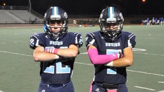 Le Boulanger South Bay/Peninsula Defensive Player of the Week Michael Swift (left) from San Jose Branham poses with teammate Noah Viney after win over Mt. Pleasant of San Jose. Both teams were 8-0. Photo: John Murphy/Prep2Prep.com.