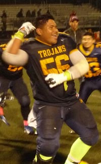 Tevita Musika leads the haka celebration dance for Milpitas after win over Los Gatos. Photo: Mark Tennis.