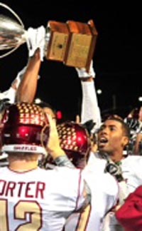 Players from Mission Hills of San Marcos are happy after team won league title. The Grizzlies will play Oceanside in this week's CIF San Diego Section Open Division semifinals. Photo: mhhsfootball.com.