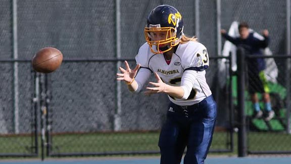 NorCal D3 ranked Marin Catholic eliminated Alhambra of Martinez last Saturday in the CIF North Coast Section D3 playoffs, but it was hard not to notice Alhambra sophomore girl punter Nicki Rucki. Female place-kickers aren't that unusual anymore, but punting is more rare. Keep it going Nicki. Photo: Bill Schneider/VarsityPix.com.