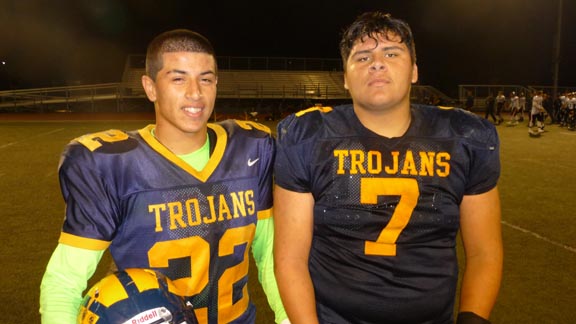 Victor Rodriguez (left) had a game-clinching interception while Christian Rodriguez scored the first TD for No. 20 Milpitas in 27-21 win over Los Gatos. Photo: Mark Tennis.