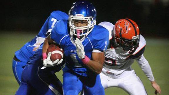 Norco's Victor Viramontes amassed more than 500 yards combined in rushing & passing and eight TDs in 71-70 three-overtime win vs. St. Bonaventure. Photo: Gary Evans/sports.cnusd.net