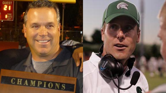 Head coaches Matt Logan of Corona Centennial (left) and Justin Alumbaugh from De La Salle of Concord (right) will match strategies in this year's CIF Open Division state final on Saturday in Carson. Photos: Mark Tennis & Phillip Walton/SportStars.