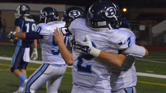 Anthony Guttadaro (No. 2) and teammates from Bellarmine of San Jose get jumpy after game-winning TD run by QB Troy Martig against Valley Christian. Photo: Connor Hartland/Prep2Prep.com.