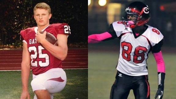 Two of this year's Mr. Football finalists are Ben Burr-Kirven (left) of Atherton Sacred Heart Prep and Javon McKinley of Corona Centennial. Photos: Twitter.com & Hudl.com.