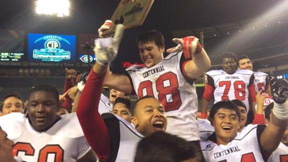 Corona Centennial players made history with their 48-41 win over No. 1 in the state St. John Bosco of Bellflower on Saturday night at Anaheim Stadium. Photo: Mark Tennis.