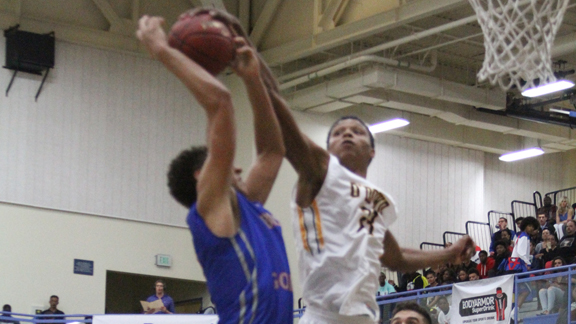 Ivan Rabb of Bishop O'Dowd blocks a shot attempt by Bishop Gorman's Chase Jeter. Yes, O'Dowd got the win, but its significance won't be known until later in the season. Photo: Wille Eashman.    