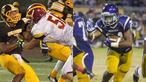 One of the nominees from the CIF San Diego Section is DE Joey DeMarco of Torrey Pines (left) while one of those from the CIF Central Section is RB Sheldon Croney of Bakersfield Ridgeview. Photos: Courtesy DeMarco family & CentralValleyFootball.com.