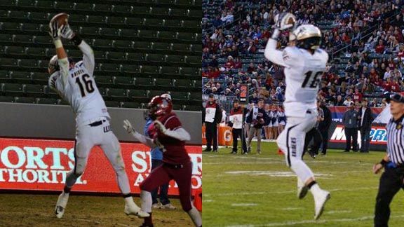 Jared Rice of Central Catholic catches his first TD pass of the night in photo at right. His second TD was caught in the third quarter (left). Photos: Phillip Walton/SportStars.