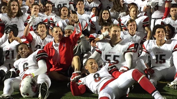 Malik Lovette (6) and Isaiah Armstrong (8) among those whooping it up for Redlands East Valley after win on Friday over Riverside Poly in CIFSS Inland Division final. Photo: Mark Tennis.