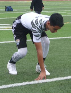 A.J. Schabbing gets set to start a 40-yard dash timing during last Saturday's ETA Northern California combine. Photo: Mark Tennis.