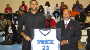Allen Crabbe, the 2010 Cal-Hi Sports Mr. Basketball at Price of Los Angeles, poses for the camera with his high school coach Michael Lynch at jersey retirement ceremony on January 6, 2015. Photo: Ronnie Flores