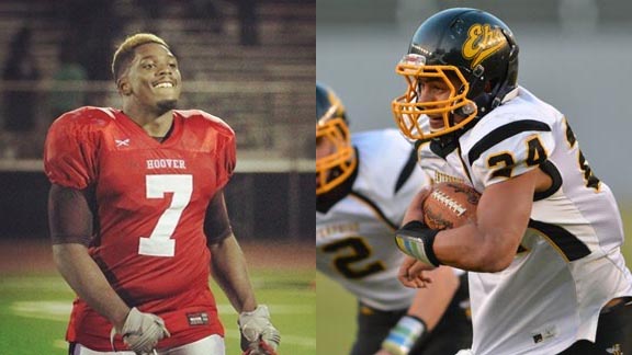 Sack machine Jacquille Bradford from Hoover of San Diego (left) and Colorado State-bound running back Izzy Matthews from Enterprise of Redding are among the first 30 on the Cal-Hi Sports All-State Medium Schools Teams. Photos: Hudl.com & Scott Kurtz.