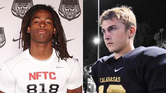 Along with Soph POY Darnay Holmes of Newbury Park, two other somewhat obvious picks among state's best from Class of 2017 were Antioch running back Najee Harris (left) and quarterback Tristan Gebbia of Calabasas. Photos: StudentSports.com & Twitter.com.