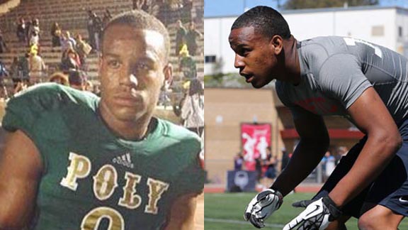 Long Beach Poly's Iman Marshall is the first-ever Cal-Hi Sports State Defensive Player of the Year. Photos: D1Bound.com (via Twitter) & Tom Hauck (Student Sports).