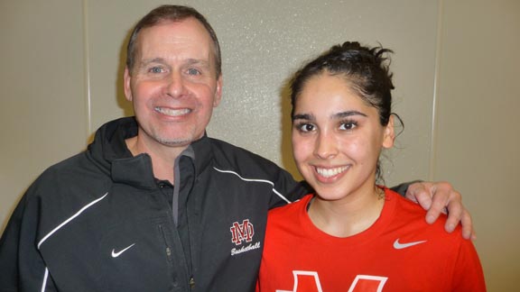 Mater Dei head coach Kevin Kiernan and his coach on the floor, senior point guard Andee Velasco, were happy after their team, ranked No. 1 in the nation, won on Saturday in Stockton. Photo: Mark Tennis.