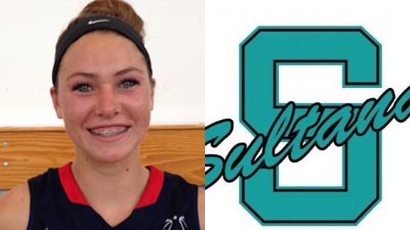 Cydnee Kinslow (left) has been a shot-blocking machine for Freedom of Oakley so far this season. The logo at right is in honor of Sultana's Frank Bertz. Photo: Harold Abend.