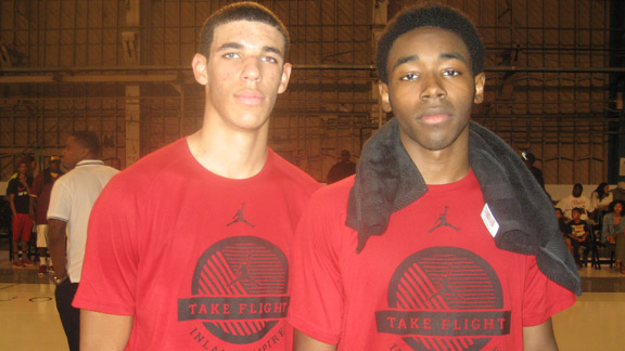 Lonzo Ball (left) of No. 11 Chino Hills and Jeremy Hemsley from No. 14 Damien of La Verne played on the same team last summer. Photo: Ronnie Flores.