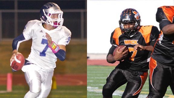 Farmersville QB Sam Metcalf, who finished with 11,913 career passing yards (2nd highest in state history), and Oakland McClymonds RB Lavance Warren, who rushed for 2,316 yards and 30 TDs for unbeaten on-the-field team, are just two of headliners on this year's Cal-Hi Sports All-State Small Schools First Team. Photos: CentralValleyFootball.com & Everett Bass Photography.