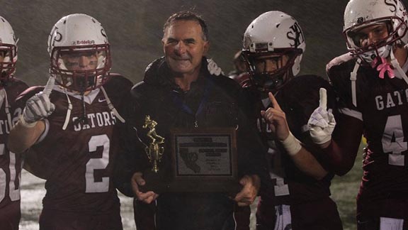 Head coach Pete Lavorato and team at Sacred Heart Prep have won two straight CCS titles. This year's team won in the Open Division. Last year's (shown above) won in Division IV, then beat favored El Cerrito in NorCal D3 bowl game. Photo: Eddie Garcia/Prep2Prep.