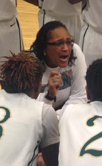 Narbonne head coach Victoria Sanders gets intense with her team during victory on Monday vs. Lincoln of Stockton. Photo: Paul Muyskens.