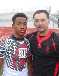 Marcel Dancy from West High of Tracy stands with David Luera, one of the co-founders of the Elite Training Academy, at last year's combine. Photo: Mark Tennis.