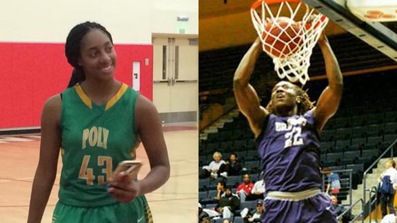 Ayerjenee Jeanmard of the No. 3 Long Beach Poly girls accepts medal at the Redondo tourney while at right Solomon Young of new State Top 20-ranked Sacramento slams one home during MLK Classic at Cal. Photos: Twitter.com & Phillip Walton/SportStars.