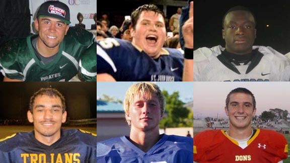 Six of those chosen for second team overall all-state honors for 2014 season are: (l-r, top to bottom) Josh Bernard of Oceanside, Matt Katnik from St. John Bosco of Bellflower, Bolu Olurunfunmi from Clovis North of Fresno, Christian Rita of Milpitas, Cole Thompson of Folsom and Casey Toohill from Cathedral Catholic of San Diego.