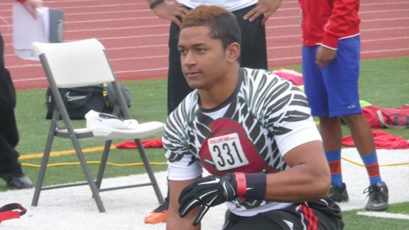 Shammah Luani from Kimball High gets prepared to run a 40-yard dash at the Elite Training Academy NorCal combine held on Jan. 17 in Tracy. Photo: Mark Tennis.