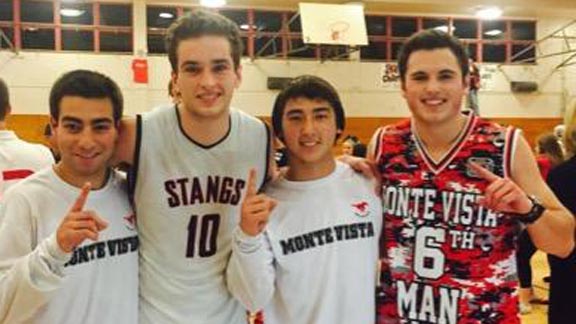 Stefan Mitu (10) poses with some supporters of Danville Monte Vista's hoops team, which is top seed in the CIF North Coast Section D1 playoffs. Photo: Twitter.com.
