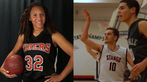 SoCal girls' honoree Britney Thomas of San Jacinto will play next at UC Santa Barbara. NorCal boys' pick Stefan Mitu watches shot for Monte Vista of Danville vs. De La Salle. Photos: SoCalMagicElite.com & Phillip Walton/SportStars.