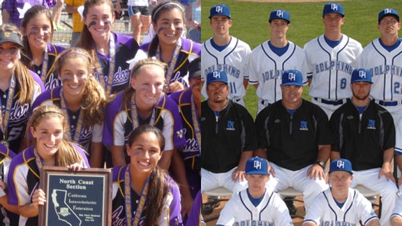 Amador Valley's softball team (left) still hasn't played this spring (as of 3/10) and is shown with last year's section title plaque. One of the hottest baseball teams to start playing, meanwhile, is at Dana Hills. Photos: Mark Tennis & DanaHillsBaseball.com.