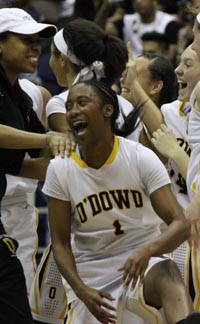 Asha Thomas of Bishop O'Dowd jumps for joy at the final buzzer of D3 girls game. Photo: Willie Eashman