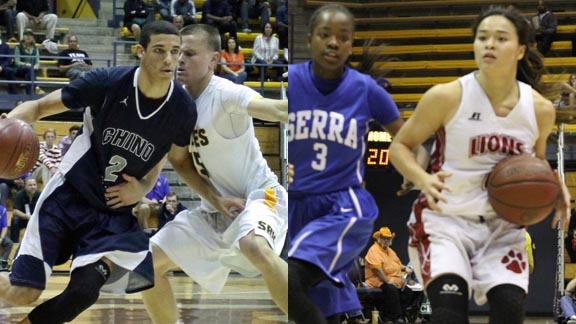 Lonzo Ball of Chino Hills drive the lane against San Ramon Valley's J.J. Koski in CIF DI final. Lauren Nubla does the same against Delauna Thomas in DI girls final. Photos: Willie Eashman